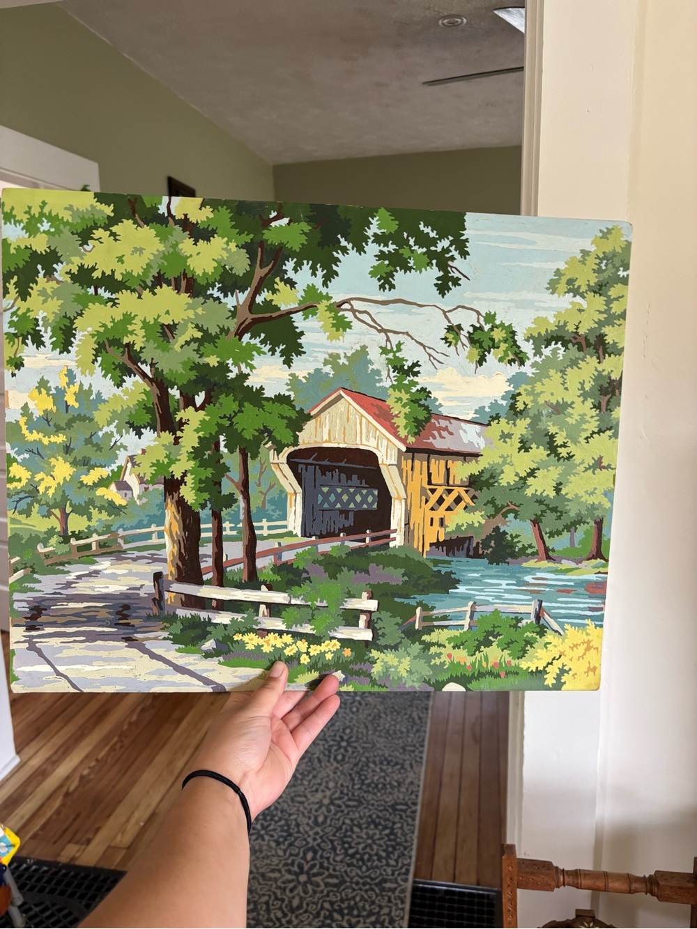 Vintage 1960s paint by number country outdoors bridge landscape painting